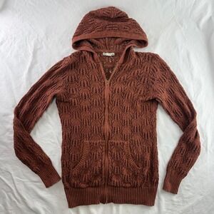 RuffHewn Open Knit Crochet Full Zip Hoodie Sweatshirt Rust Brown Womens S Y2k